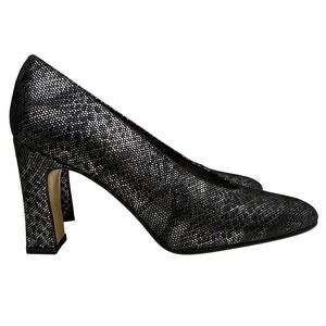 Margaret Jerrold‎ Metallic Heel Pumps Leather Black Silver Block Heels Size 4.5M